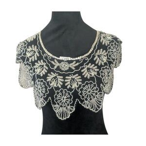 Vintage Beaded Glam Cape Silver Whimsigoth Black Mesh Bolero Scalloped Hem